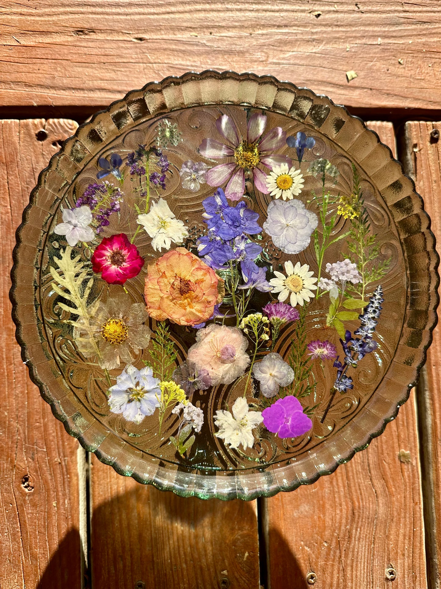 Green Flower Footed Glass Cake Stand