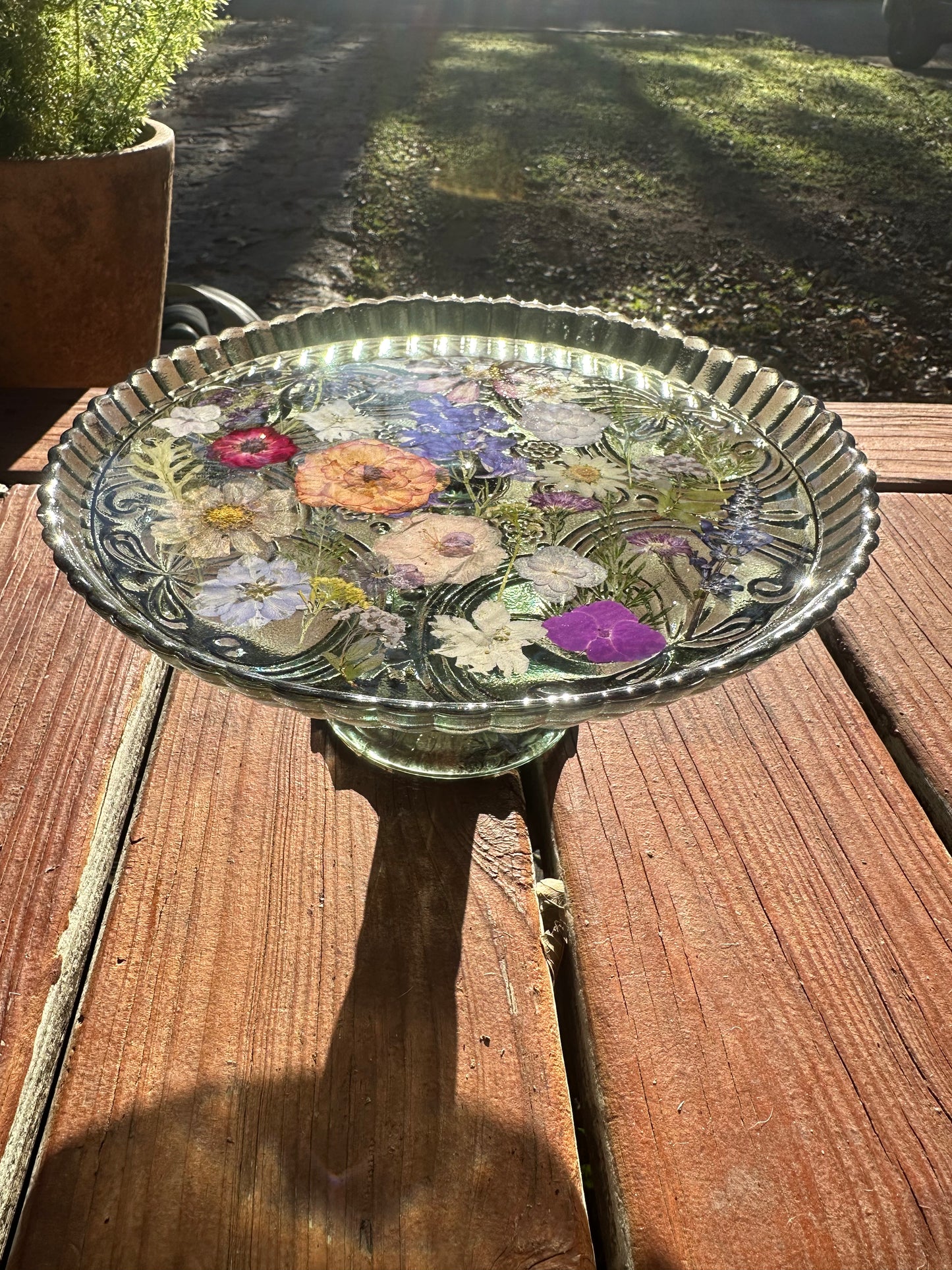 Green Flower Footed Glass Cake Stand