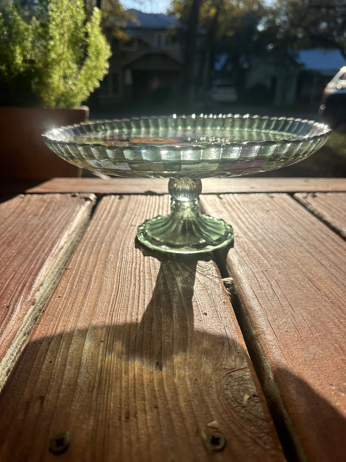 Green Flower Footed Glass Cake Stand
