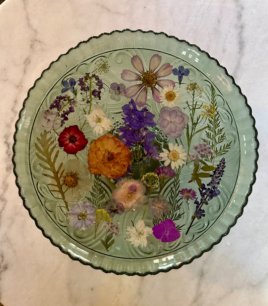 Green Flower Footed Glass Cake Stand